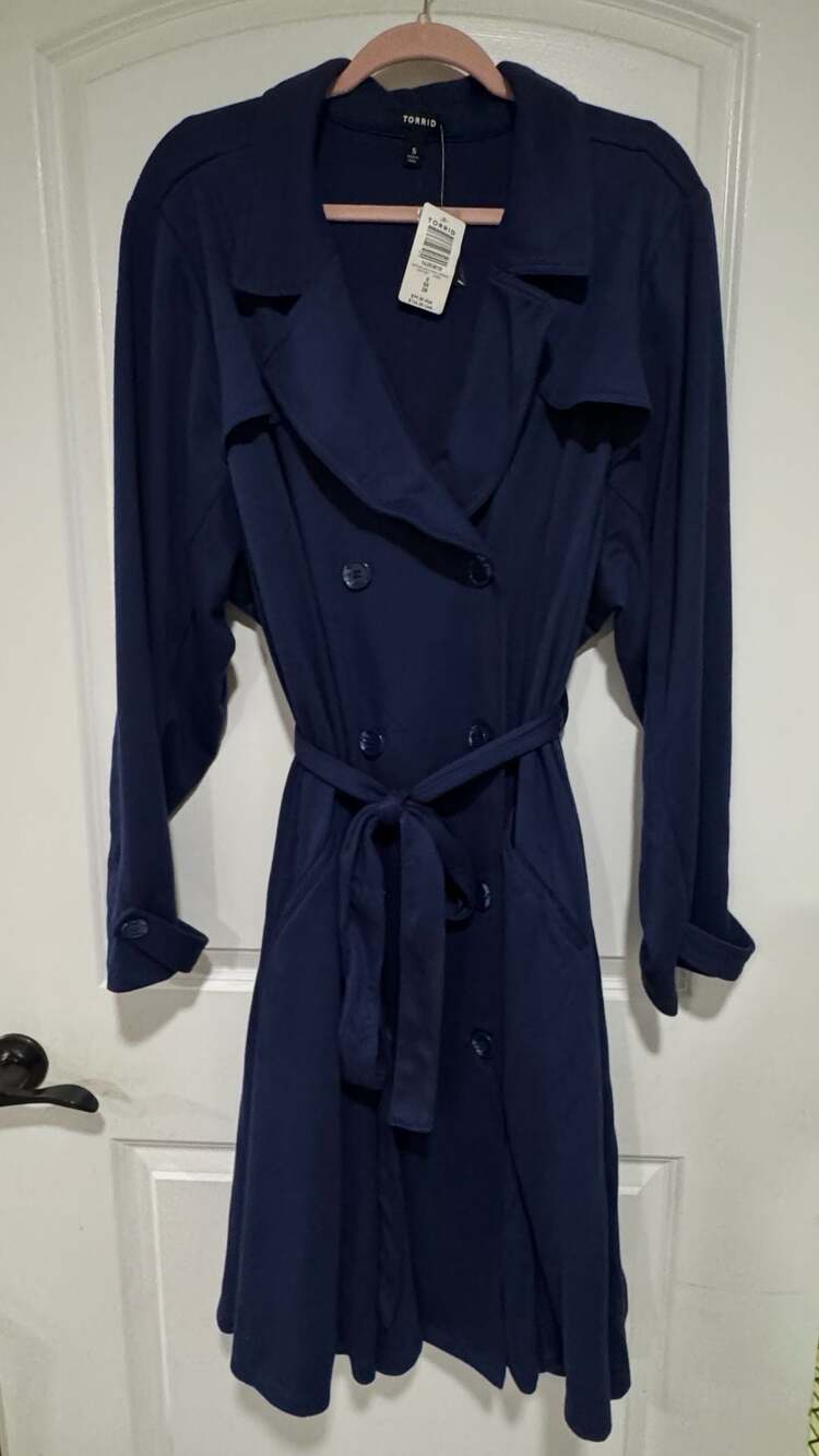 Torrid Navy Trench Coat Tie Waist Soft Girl Preppy Quiet Luxury 5X NWT